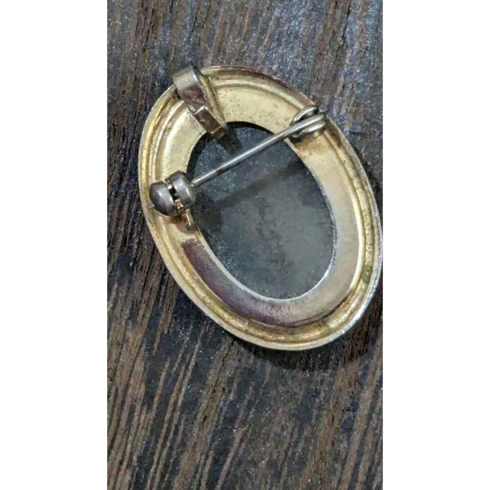 Vintage Black‎ Cameo Brooch Pendant Gold Tone Woman Profile Victorian Style 1.5